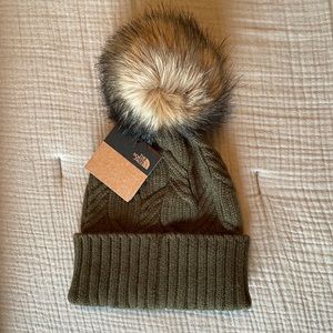 North Face Fur Pom Beanie Taupe Green